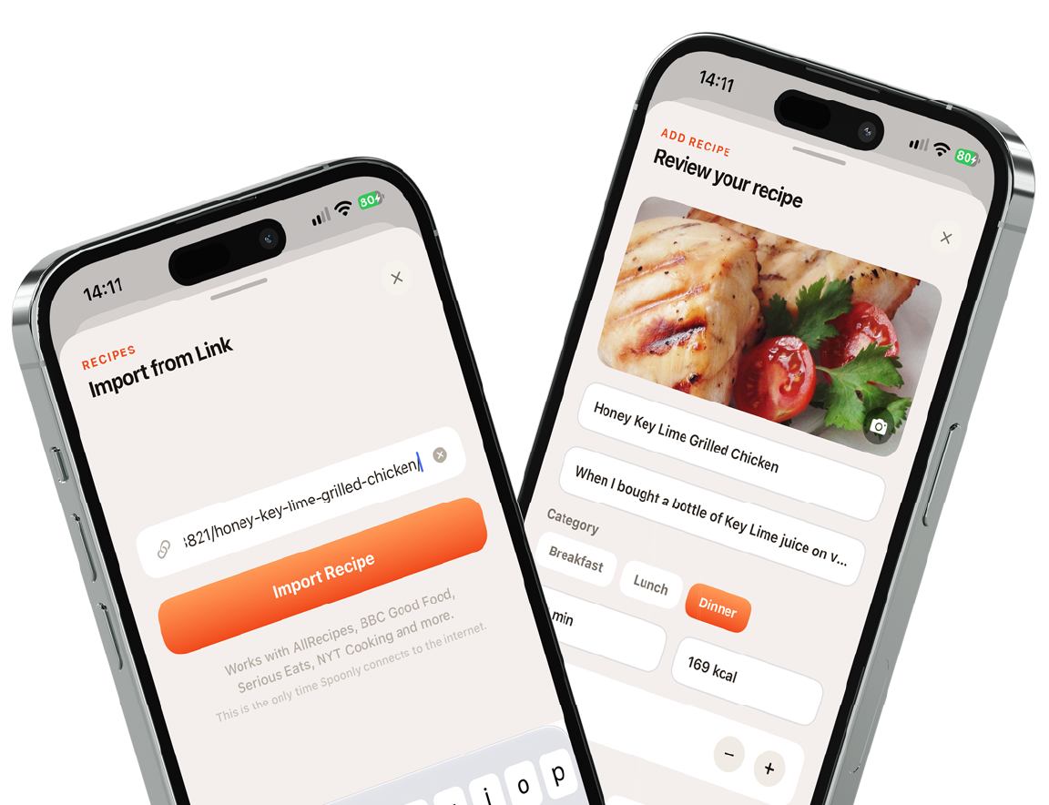 Spoonly recipe link import and recipe library screens on iPhone